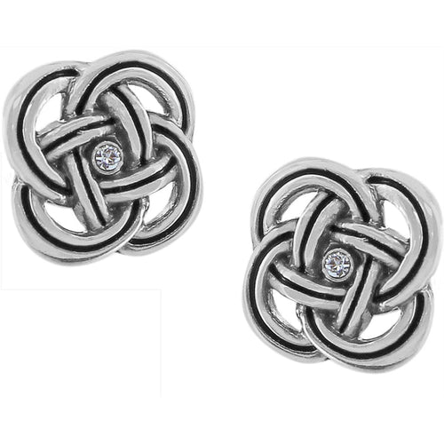Brighton stud earrings with silver-plated Celtic knot design and center crystal accents on a white background