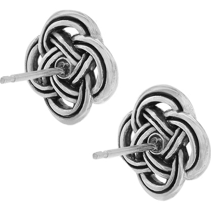 Brighton stud earrings with silver-plated interwoven Celtic knot design shown from front and side on a white background
