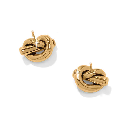 Brighton stud earrings with gold-plated love knot design and polished finish on a white background