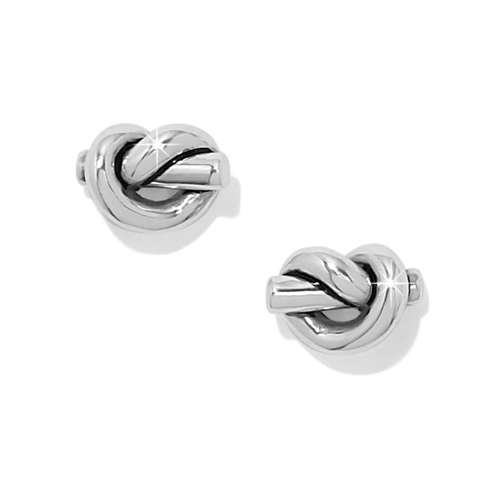 Brighton stud earrings with polished silver-plated knot design and sparkle highlights on a white background