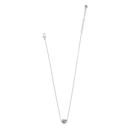 Brighton necklace with delicate silver-tone chain, lobster clasp, and small knotted pendant on a white background