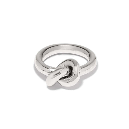 Brighton ring with silver-plated polished knot design at the center of a smooth band on a white background