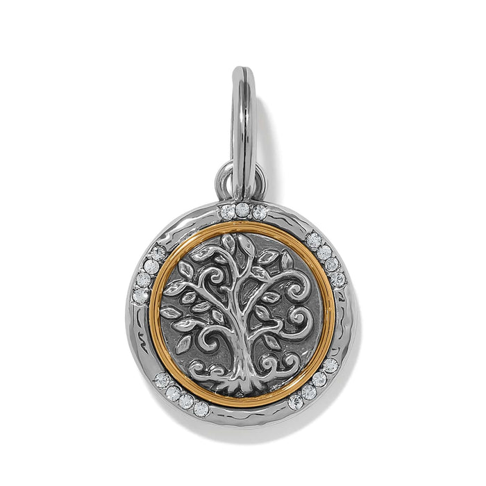 Brighton tree of life charm in two-tone finish with crystal accents and hammered border on a white background