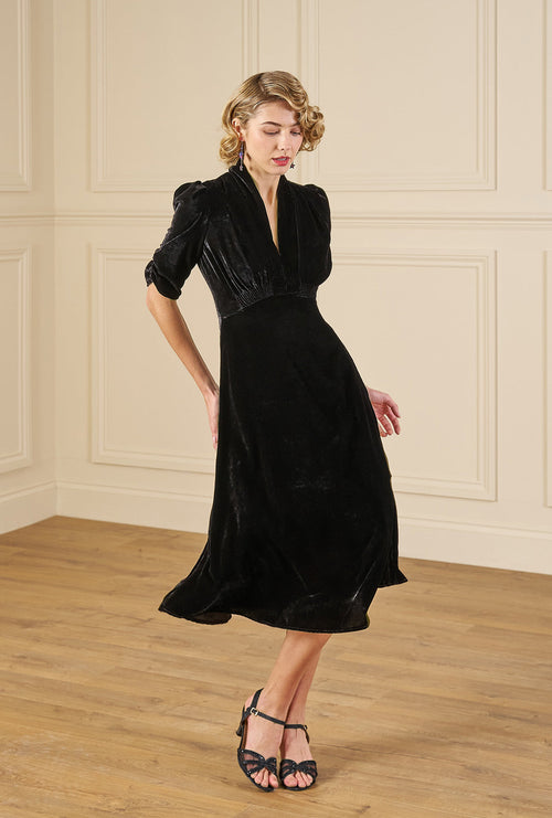 1930s Ivy Velvet Dress - Liquorice