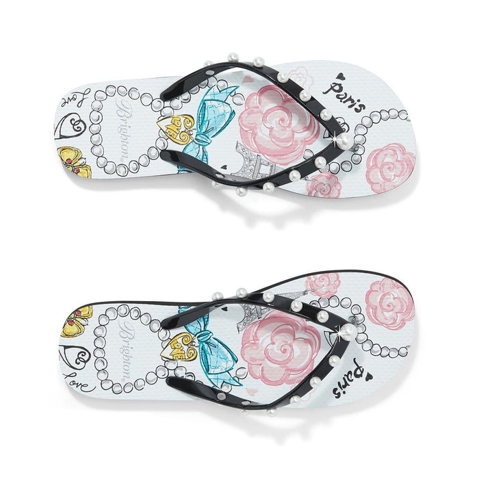 Brighton rubber flip flop sandals with Paris floral print, black straps, and pearl accents on a white background