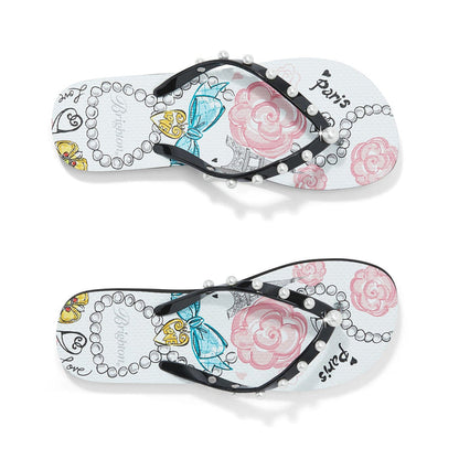 Brighton rubber flip flop sandals with Paris floral print, black straps, and pearl accents on a white background