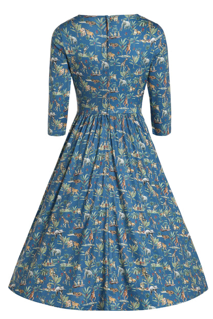 Billie Jungle Animal Blue Long Sleeved Dress