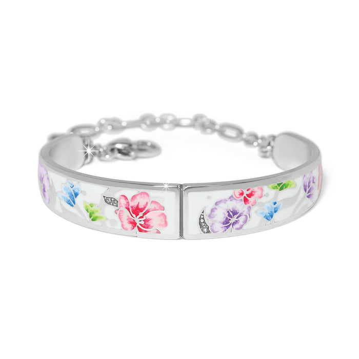 Brighton silver-plated bangle bracelet with colorful enamel floral design and crystal accents on a white background