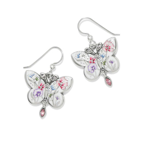 Brighton butterfly drop earrings with silver-plated finish, floral enamel detail, crystal accents, and pink crystal drops on a white background