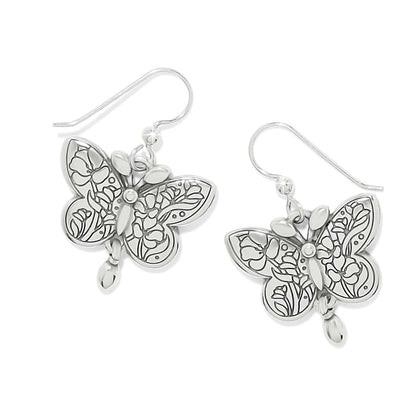 Brighton butterfly drop earrings with silver-plated floral engraved wings and small dangle accents on a white background