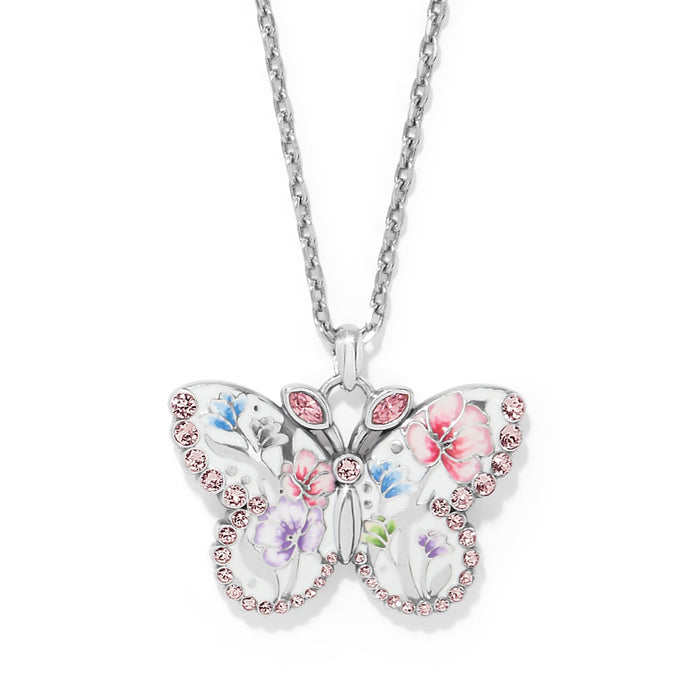 Brighton butterfly pendant necklace with pink crystals, enamel floral details, and silver-plated chain on a white background