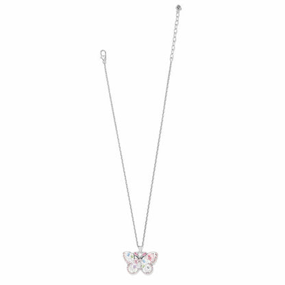 Brighton pendant necklace with silver-plated chain and butterfly pendant featuring floral details and pink crystals on white background