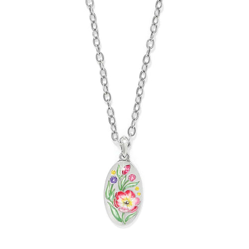 Brighton pendant necklace with silver-plated oval featuring enamel floral design and colorful crystal accents on a white background