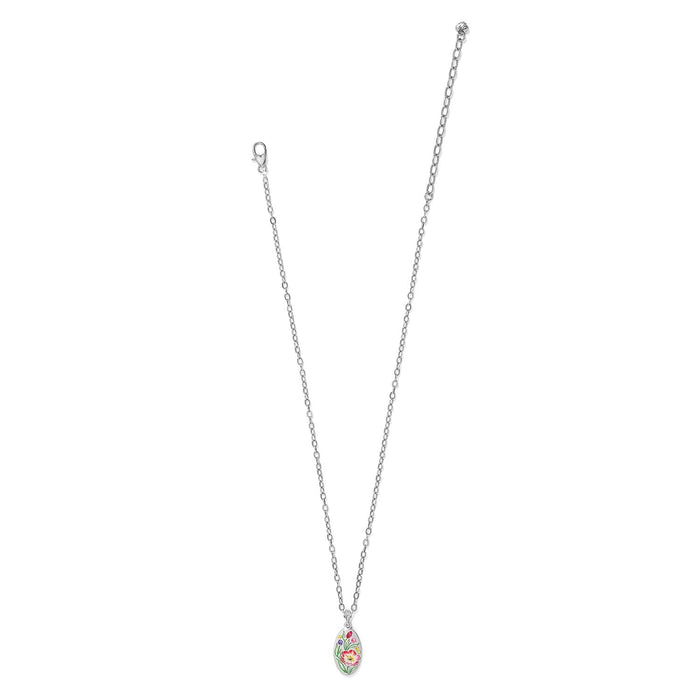 Brighton pendant necklace with silver-plated chain and oval enamel floral charm with crystal accents on a white background