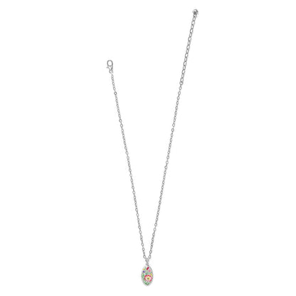 Brighton pendant necklace with silver-plated chain and oval enamel floral charm with crystal accents on a white background