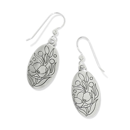 Brighton drop earrings with silver-plated oval discs featuring engraved floral and botanical design on a white background