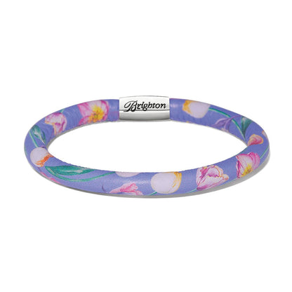 Brighton bracelet with purple floral print leather band and silver-plated magnetic clasp on a white background