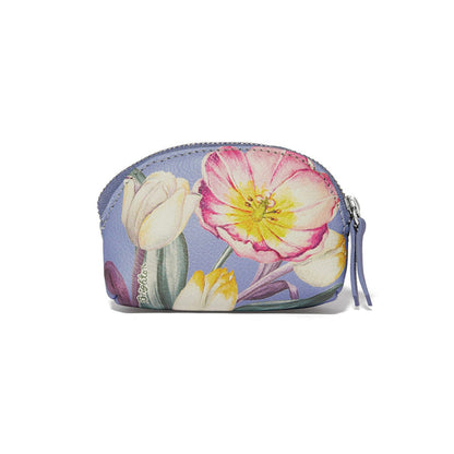 Brighton zip pouch in light blue with watercolor tulip floral print and leather zipper pull on a white background