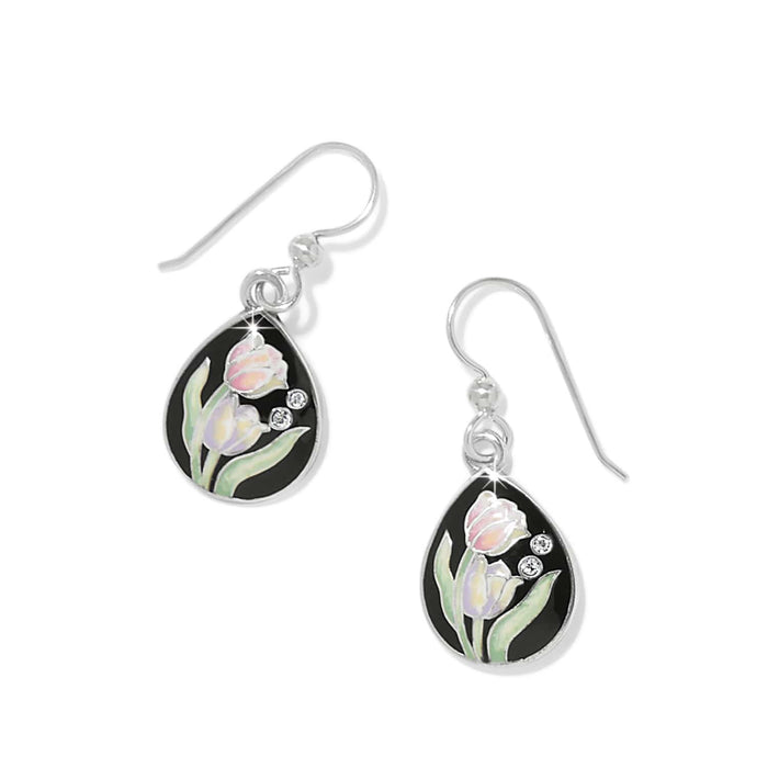 Brighton silver-plated drop earrings with black enamel teardrops, tulip motifs, and crystal accents on a white background