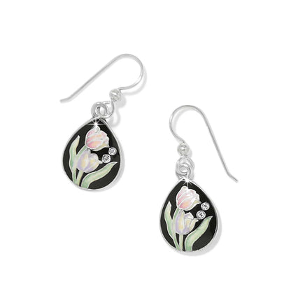 Brighton silver-plated drop earrings with black enamel teardrops, tulip motifs, and crystal accents on a white background