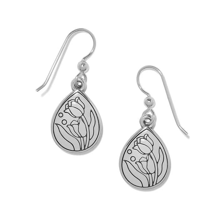 Brighton drop earrings with silver-plated teardrop charms featuring engraved tulip floral design on a white background