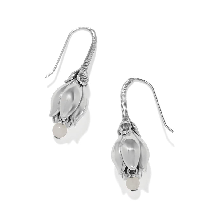 Brighton drop earrings with silver-plated tulip-shaped flower buds and small white beads on a white background