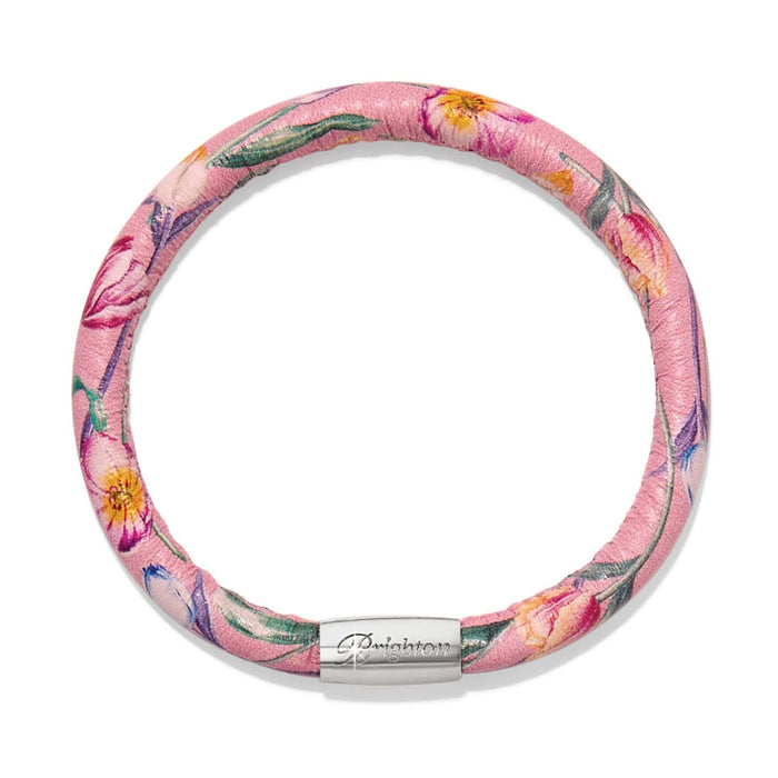 Brighton bangle bracelet in pink leather with floral print and silver-plated magnetic clasp on a white background