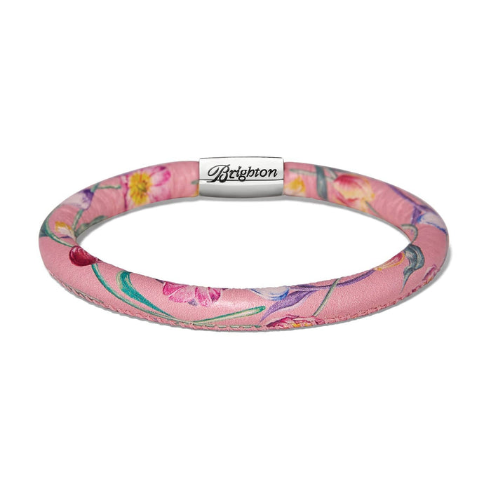 Brighton bracelet in pink leather with floral print and silver-plated magnetic clasp on a white background
