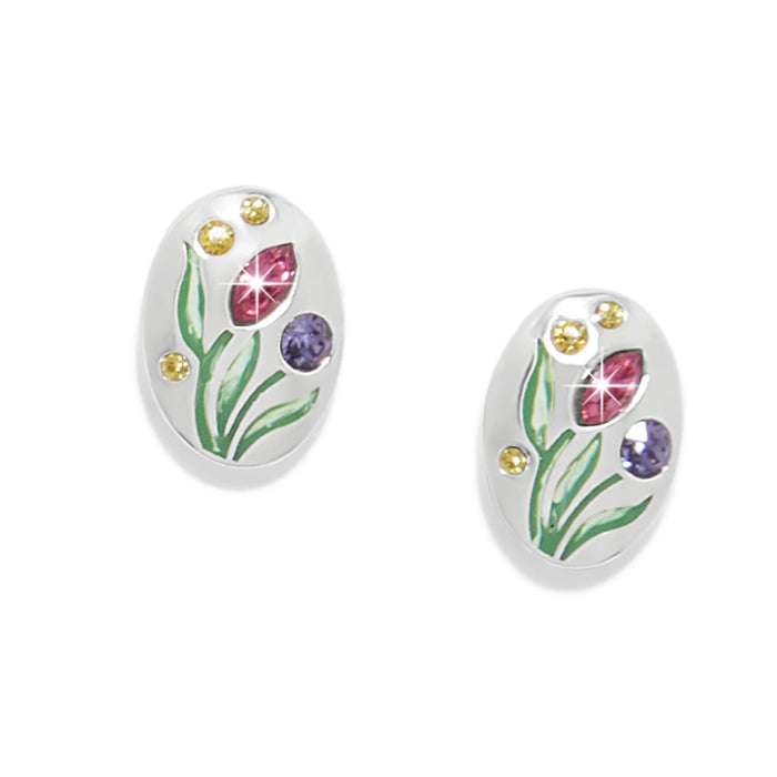 Brighton silver-plated oval stud earrings with enamel tulip design and pink, purple, and yellow crystals on a white background