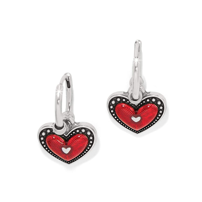 Brighton hoop earrings with red enamel heart charms and silver-plated beaded borders on a white background