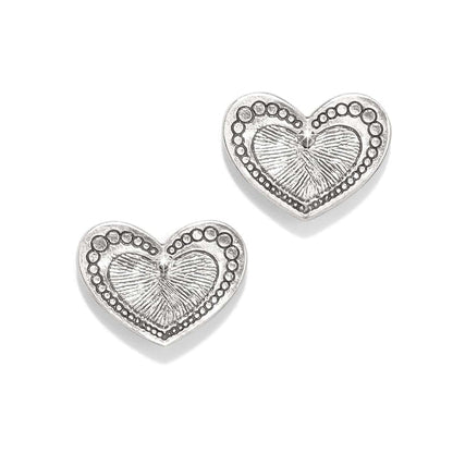 Brighton silver-plated heart stud earrings with beaded border and textured center detail on a white background