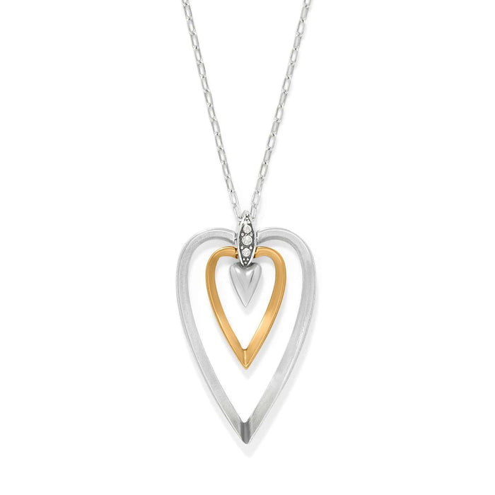 Brighton pendant necklace with silver-tone and gold-tone open hearts and crystal accents on a white background