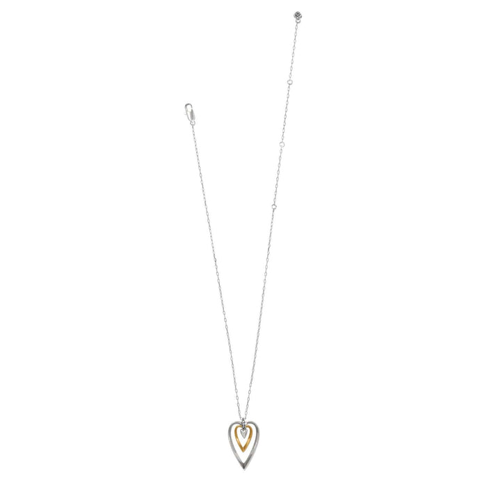 Brighton necklace with two-tone open heart pendant, crystal accent, and silver-tone chain on a white background