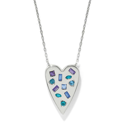 Brighton heart pendant necklace with silver-plated finish and assorted purple, blue, and teal crystals on a white background