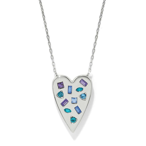 Brighton heart pendant necklace with silver-plated finish and assorted purple, blue, and teal crystals on a white background