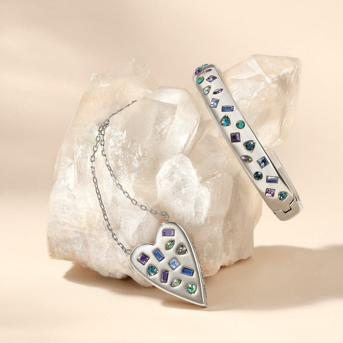 Brighton silver-plated heart pendant necklace and matching crystal bangle bracelet styled with quartz crystal stones