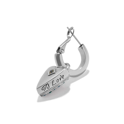 Brighton hoop earring shown from the side with silver-plated heart charm engraved Love and crystal accent on a white background
