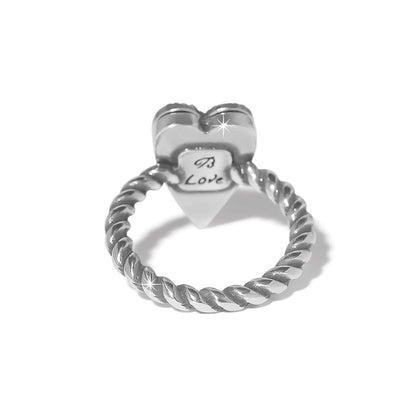 Brighton heart ring shown from the back with silver-plated twisted rope band and engraved Love detail on a white background