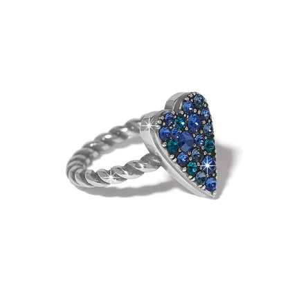 Brighton ring with blue crystal heart and silver-plated twisted rope band on a white background