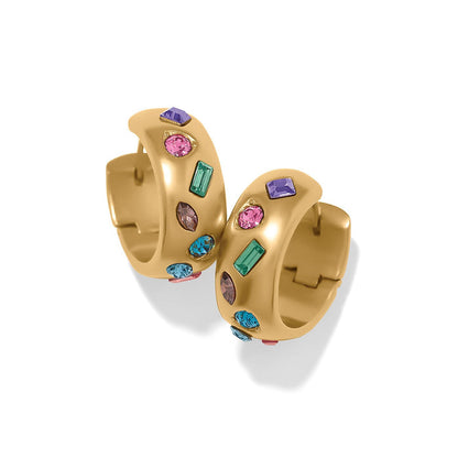 Brighton hoop earrings with gold plated finish and multicolored crystals in assorted shapes on a white background