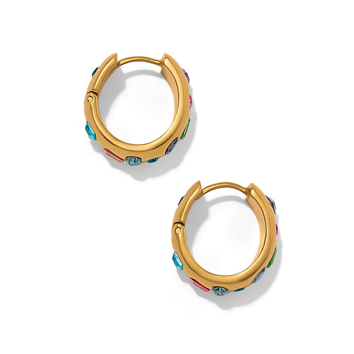 Brighton gold-plated hoop earrings with multicolored crystals set around the bands on a white background