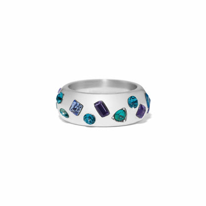 Brighton silver-plated band ring with scattered blue, teal, and purple crystals in mixed shapes on a white background