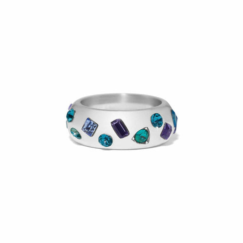 Brighton silver-plated band ring with scattered blue, teal, and purple crystals in mixed shapes on a white background
