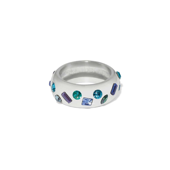 Brighton ring with silver-plated band and scattered blue, green, and purple crystal accents on a white background