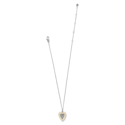 Brighton pendant necklace with wood heart charm, silver-plated chain, and lobster clasp on a white background