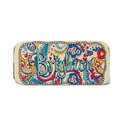Brighton handbag shown from the base with colorful paisley floral print and script Brighton logo on a white background