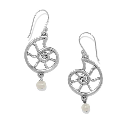 Brighton drop earrings with silver-plated nautilus shell design and baroque pearl accents on a white background