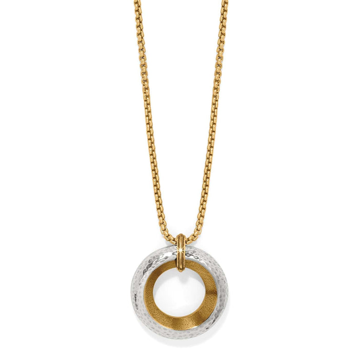 Brighton pendant necklace with hammered silver-tone and gold-tone circular pendant on gold-tone box chain on a white background
