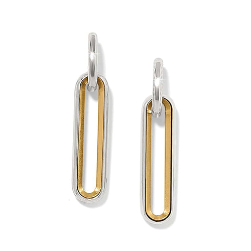 Brighton drop earrings with elongated two-tone silver and gold link design on a white background