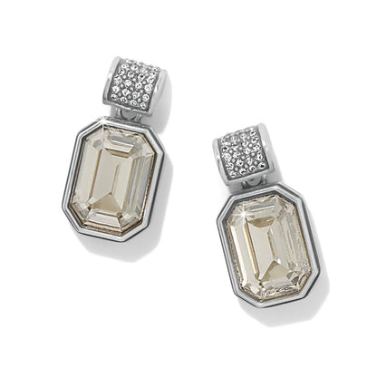 Brighton drop earrings with emerald-cut crystals and silver-plated pavé crystal tops on a white background